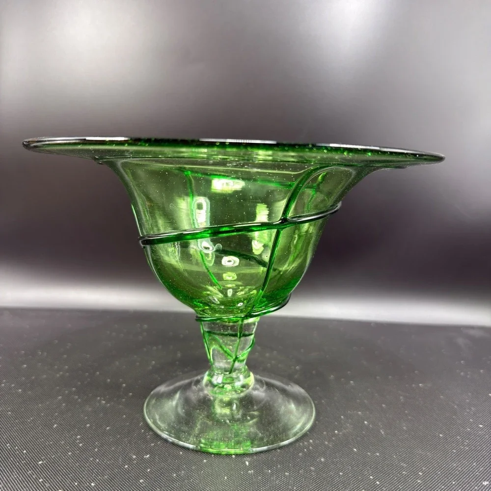 Aromatique Green Swirl Glass Bowl Mouth Blown 6x8 Made in USA Footed Centerpiece